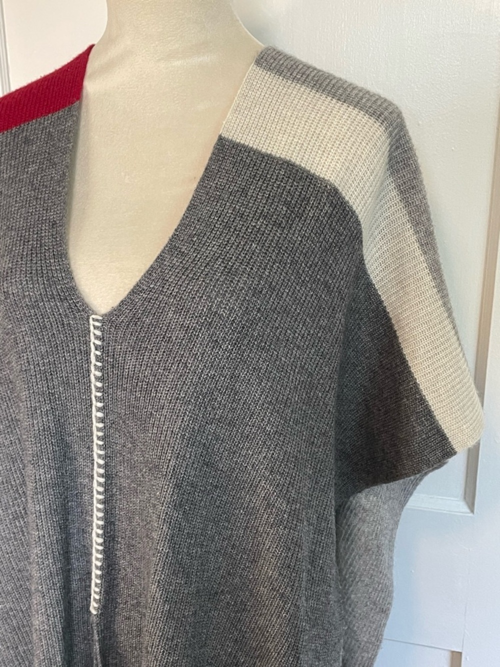 Label + Thread Colorblock V-Neck Knit Poncho Sweater - Gray, Black & Red - Picture 3 of 6
